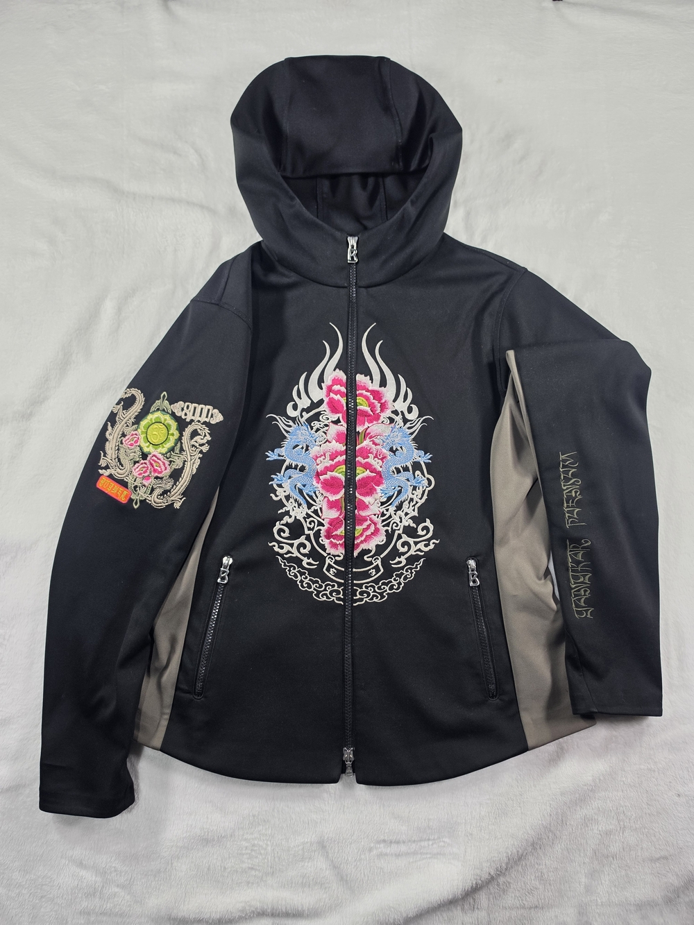 Bogner Black Hooded Bomber Jacket with Pink & Blue Embroidery